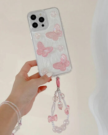 Pink Butterfly iPhone Case with Beaded Charm Chain