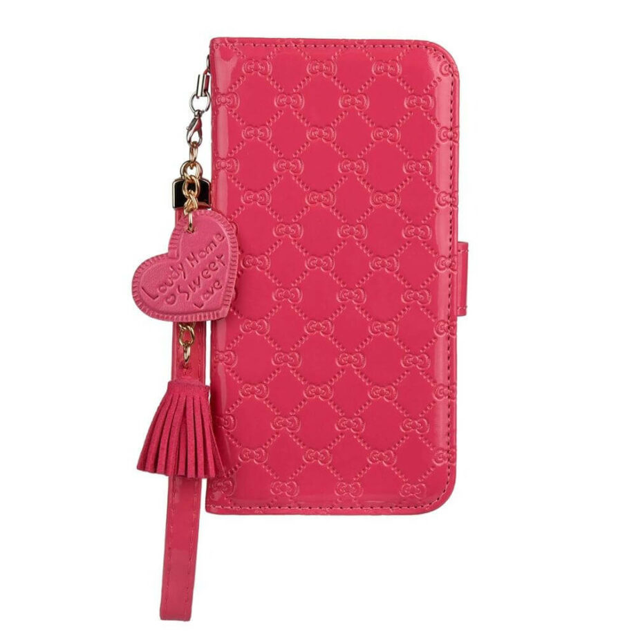 Rose red Leather Wallet iPhone Case With Hand Strap