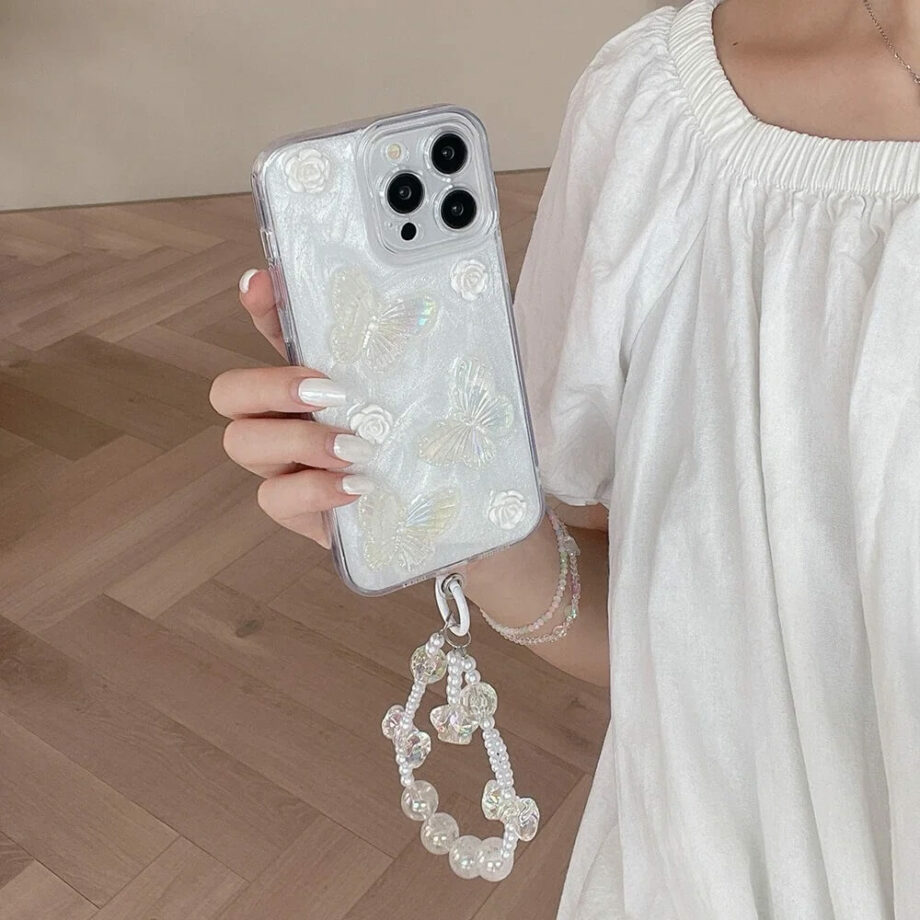 White Butterfly Phone Case with Charm Chain