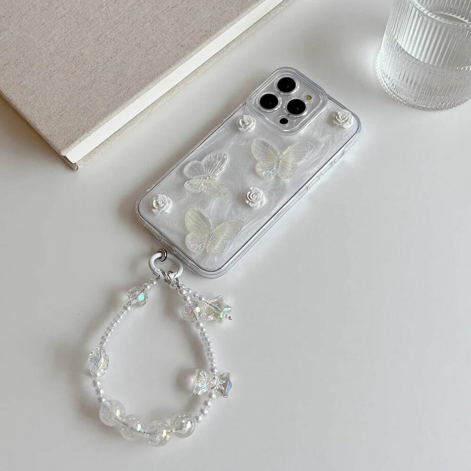 White Butterfly iPhone Case with Beaded Charm Chain