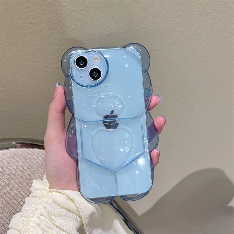 Love Heart Bear Clear iPhone Case - Blue