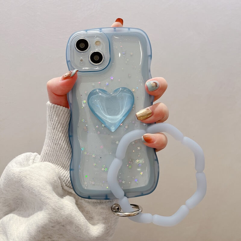 Blue Glitter Love Heart iPhone Case With Bracelet