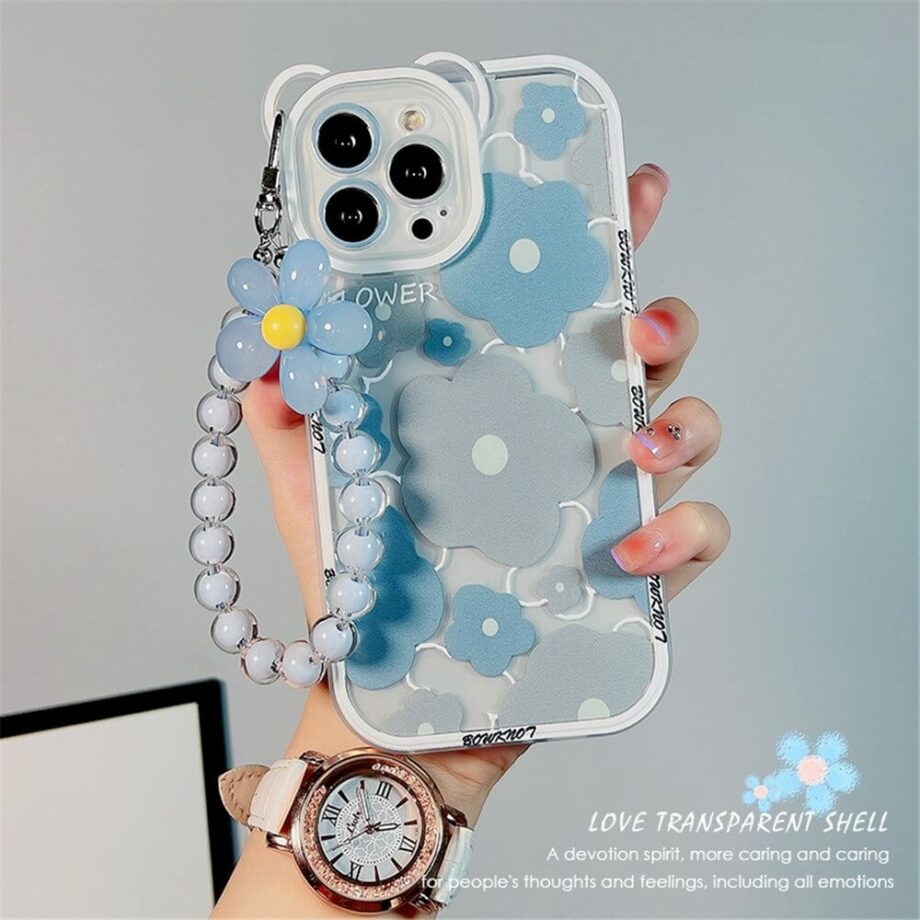 Flower Beaded Hand Chain iPhone Case Blue