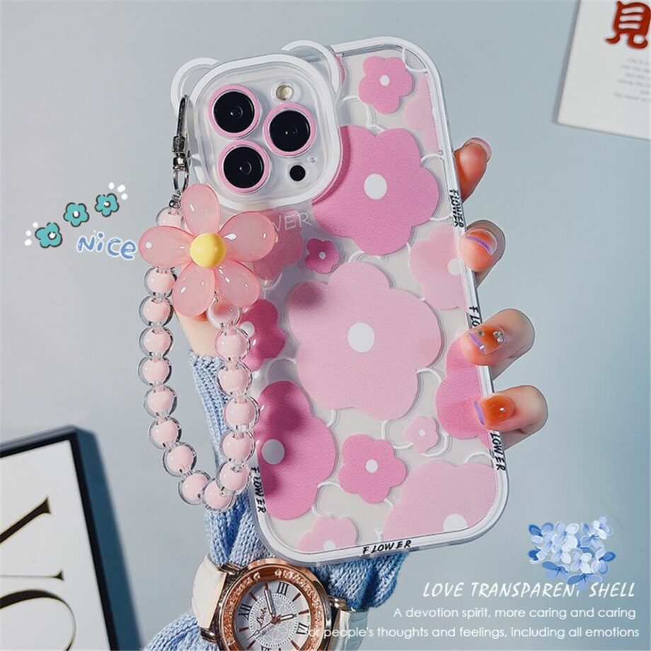 Pink Flower Beaded Hand Chain iPhone Case