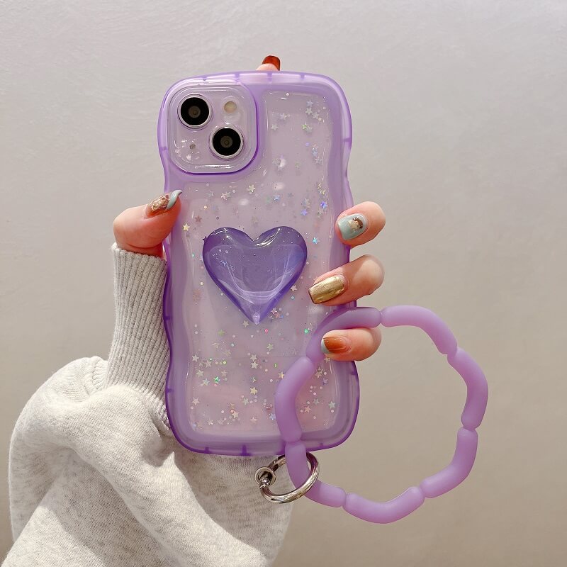 Purple Glitter Love Heart iPhone Case With Bracelet