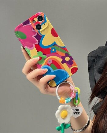 3D Korean flower phone case with ring holder and keychain