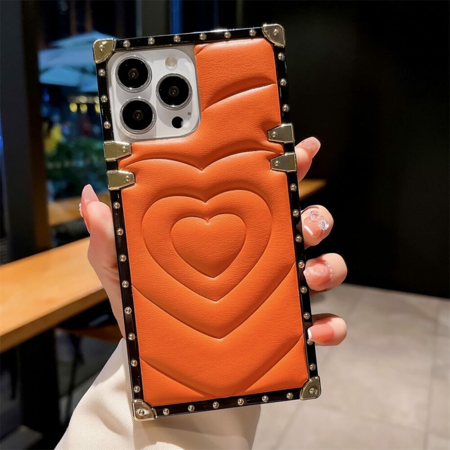 Orange Soft Textured Heart Print Square iPhone Case