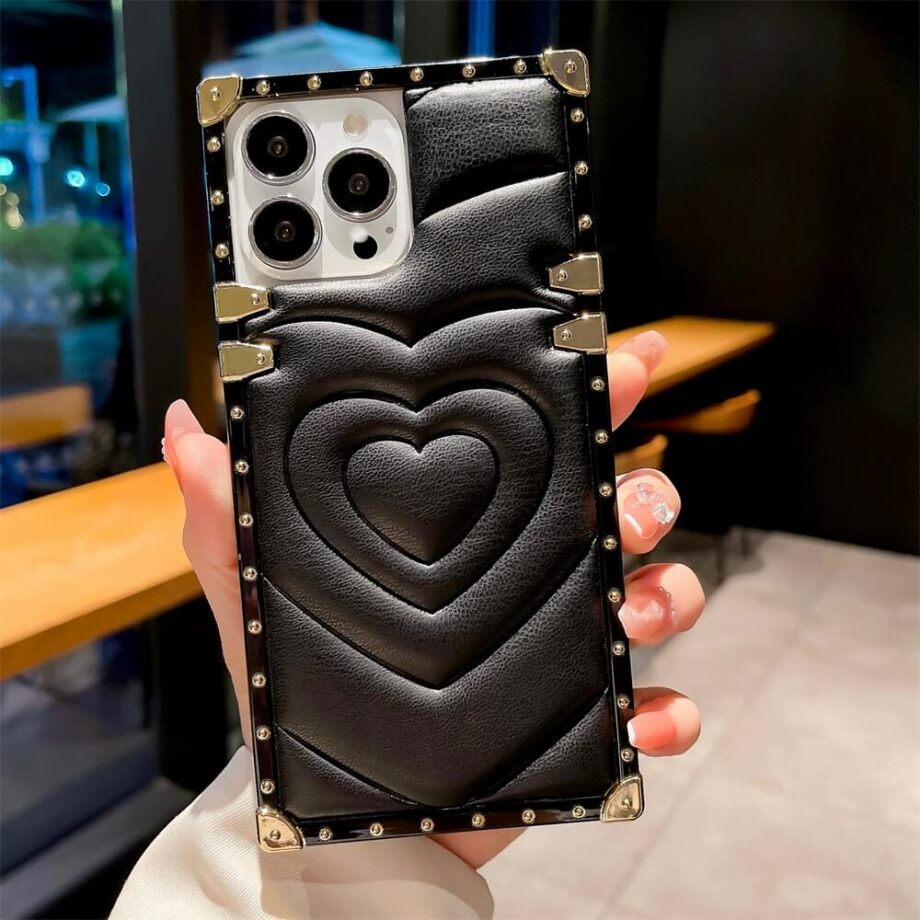 Soft Textured Heart Print Square iPhone Case - Black