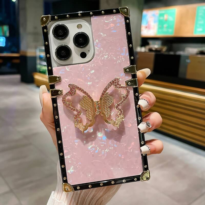Opal Shell Square iPhone Case with Metal Butterfly Kickstand