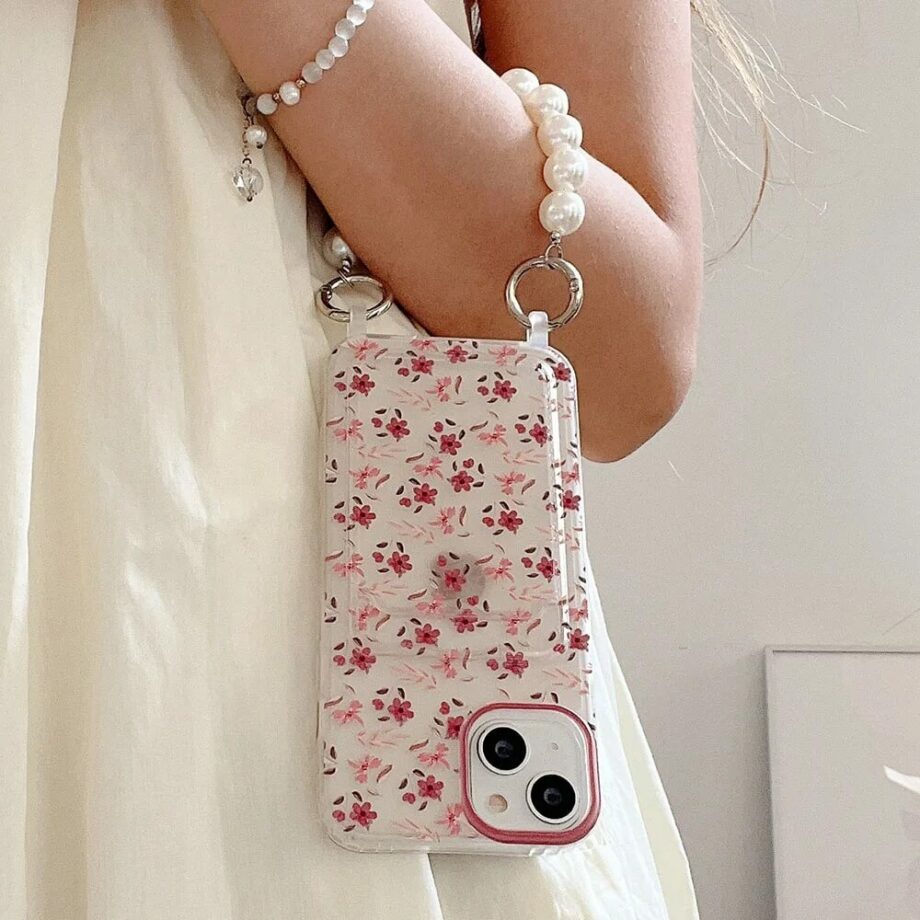 Cute Pink Flower Phone Case with Card Holder