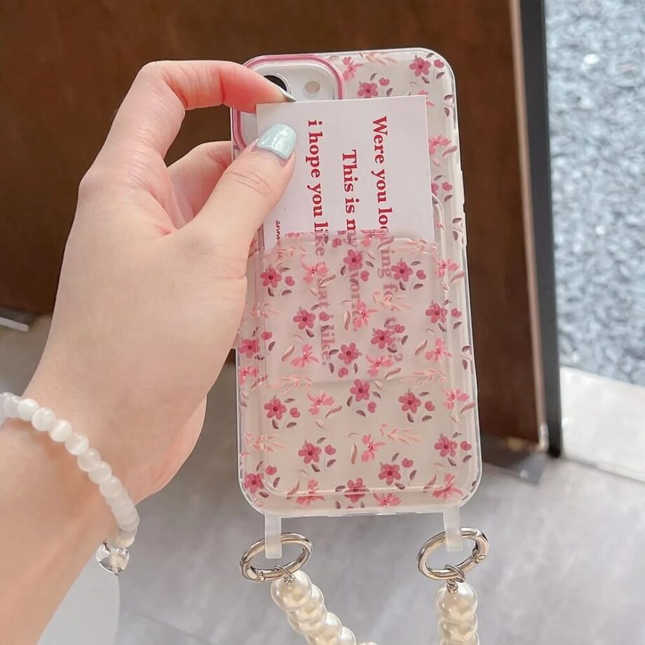 Flower Phone Case with Pearl Beads Keychain