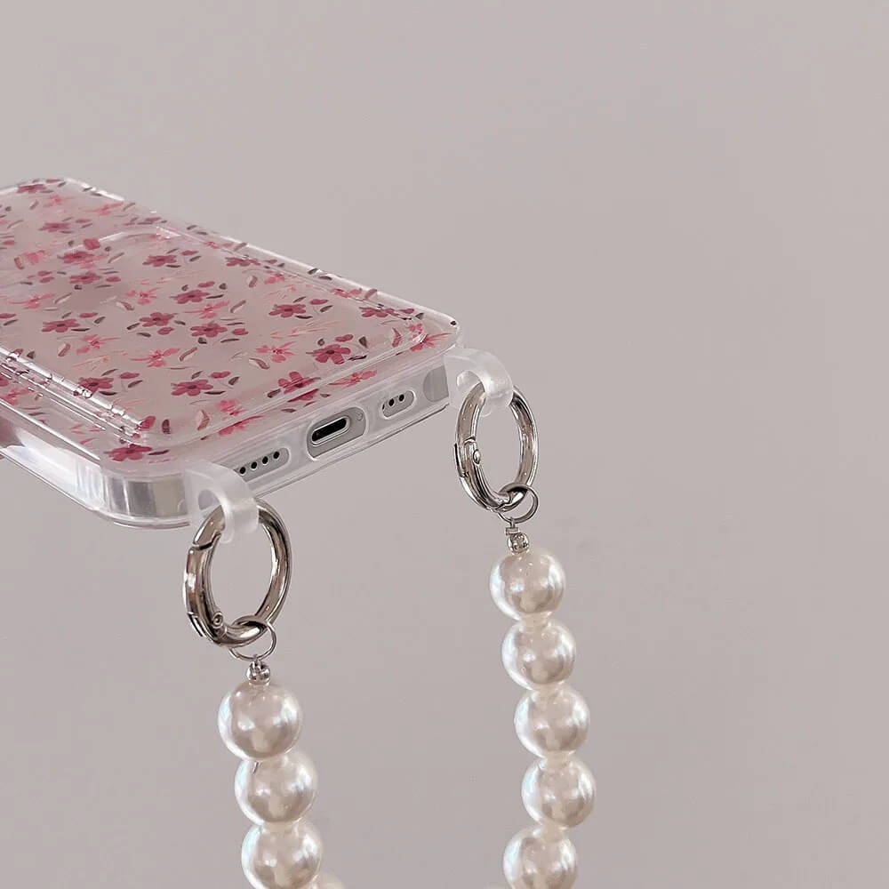 Pink Flower Phone Case with Card Holder and Pearl Beads Keychain (2)