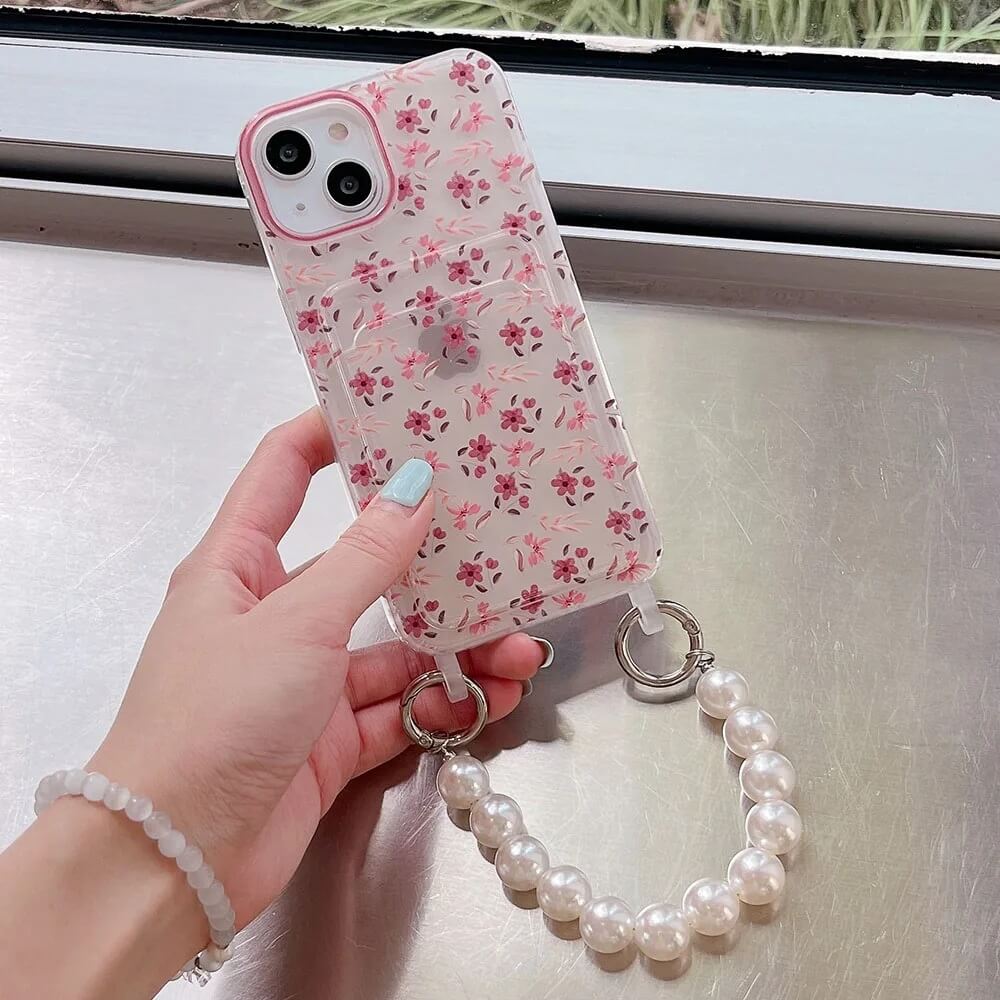 Pink Flower Phone Case with Card Holder and Pearl Beads Keychain (2)