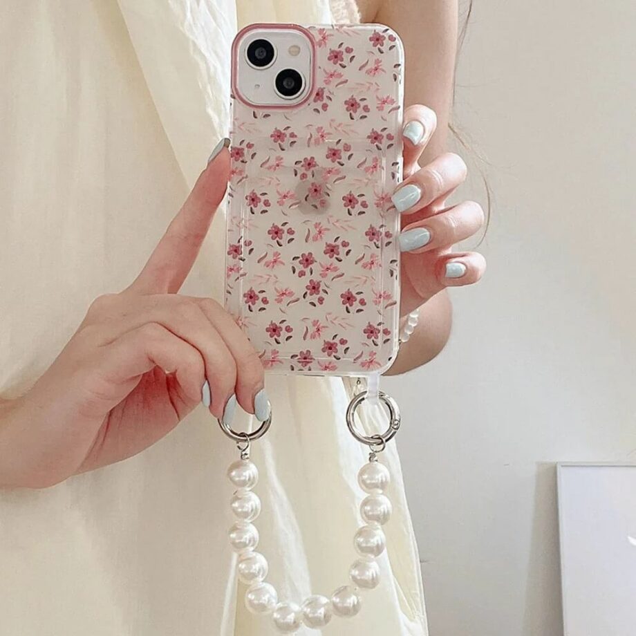 Pink Flower Phone Case with Card Holder and Pearl Beads Keychain (3)