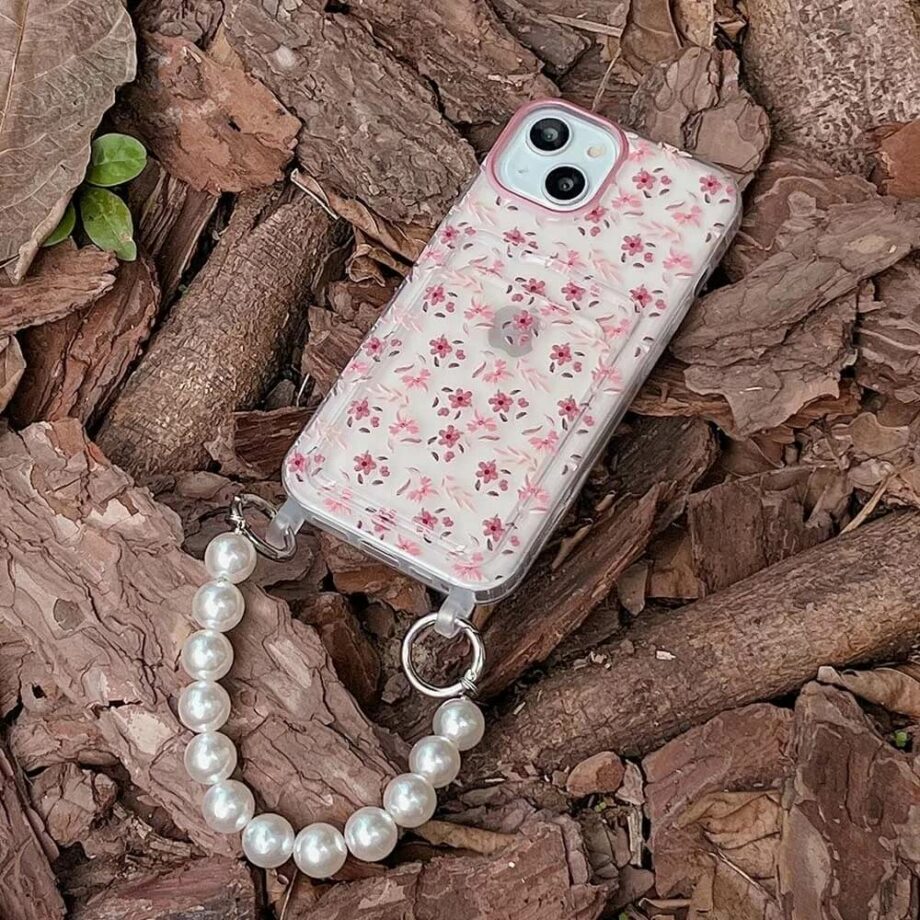 Pink Flower Phone Case with Card Holder and Pearl Beads Keychain