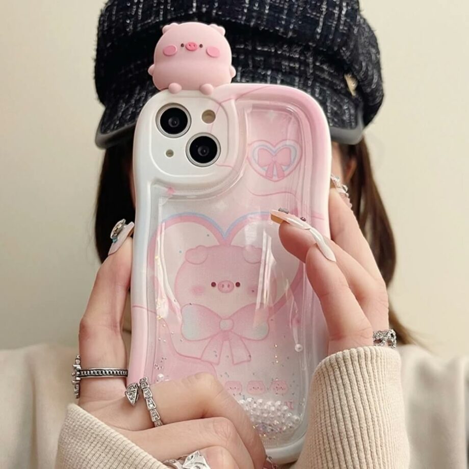 Pink Pig Pearl Quicksand iPhone Case with heart and doll