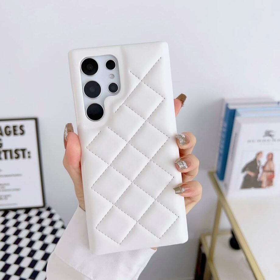 White 3D Rhombic Diamond Leather Phone Case
