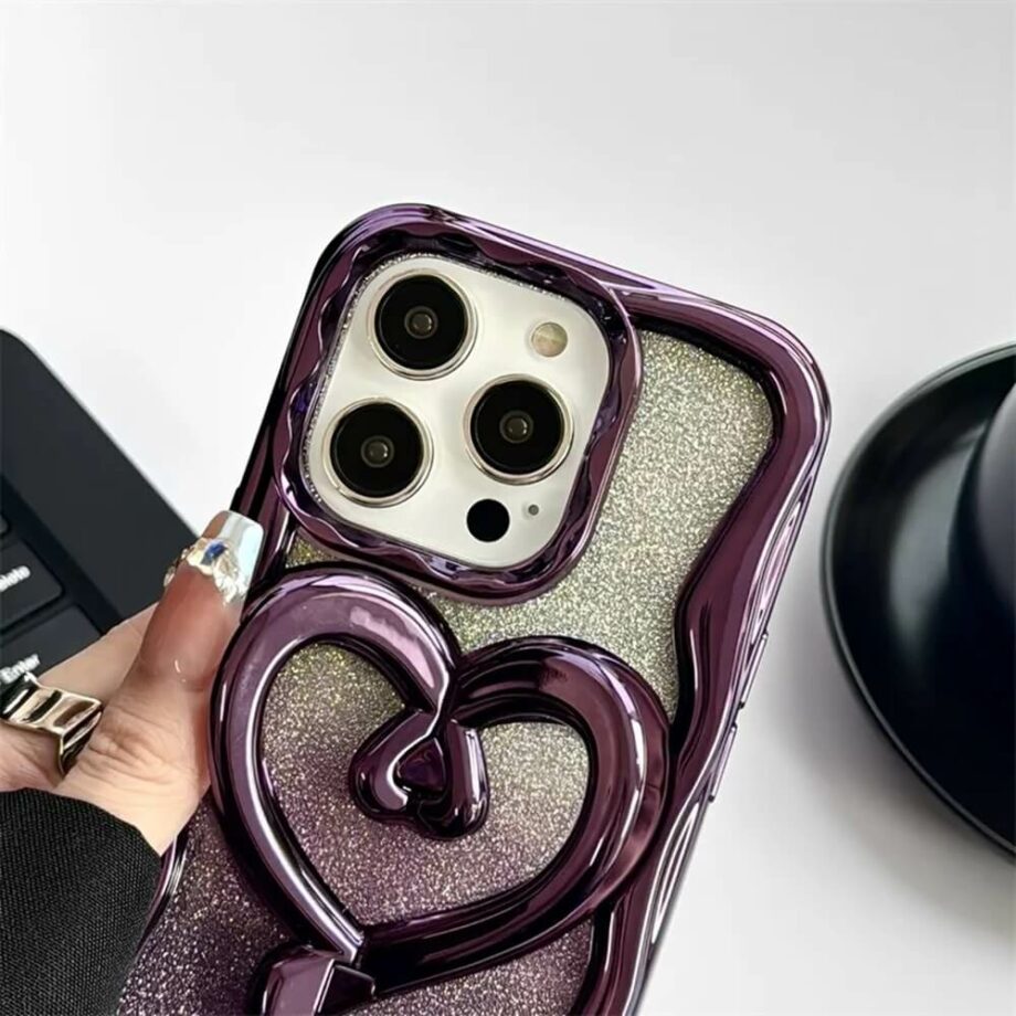 3D Gradient Glitter iPhone Case With Heart Shaped Stand (1)