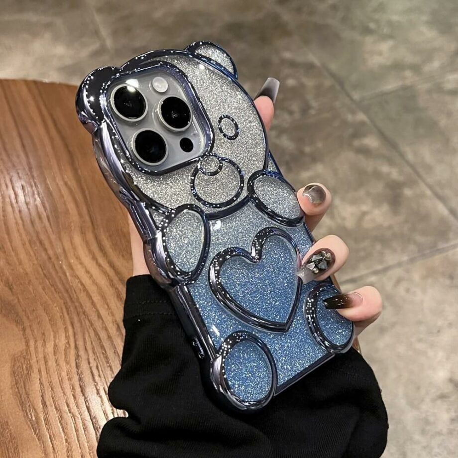 Blue Gradient Glitter Cute 3D Bear Plated Phone Case