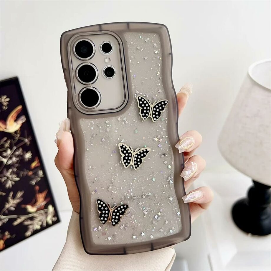 Glitter Butterfly Curly Wave Frame Shape Samsung Phone Case - black