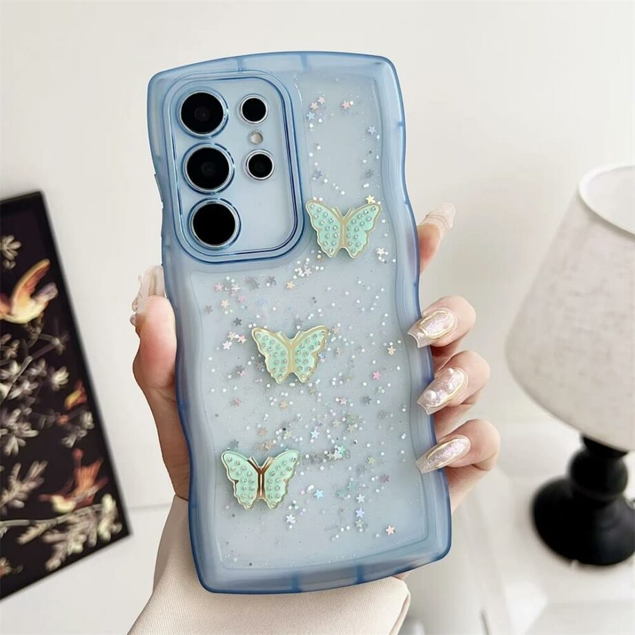 Glitter Butterfly Curly Wave Frame Shape Samsung Phone Case for samsung