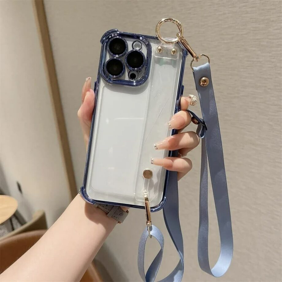Shockproof Crossbody Plating iPhone Case With Silicone Hand Strap- blue