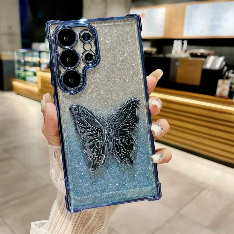 Gradient Glitter Butterfly Plating Samsung Case With Adjustable Stand