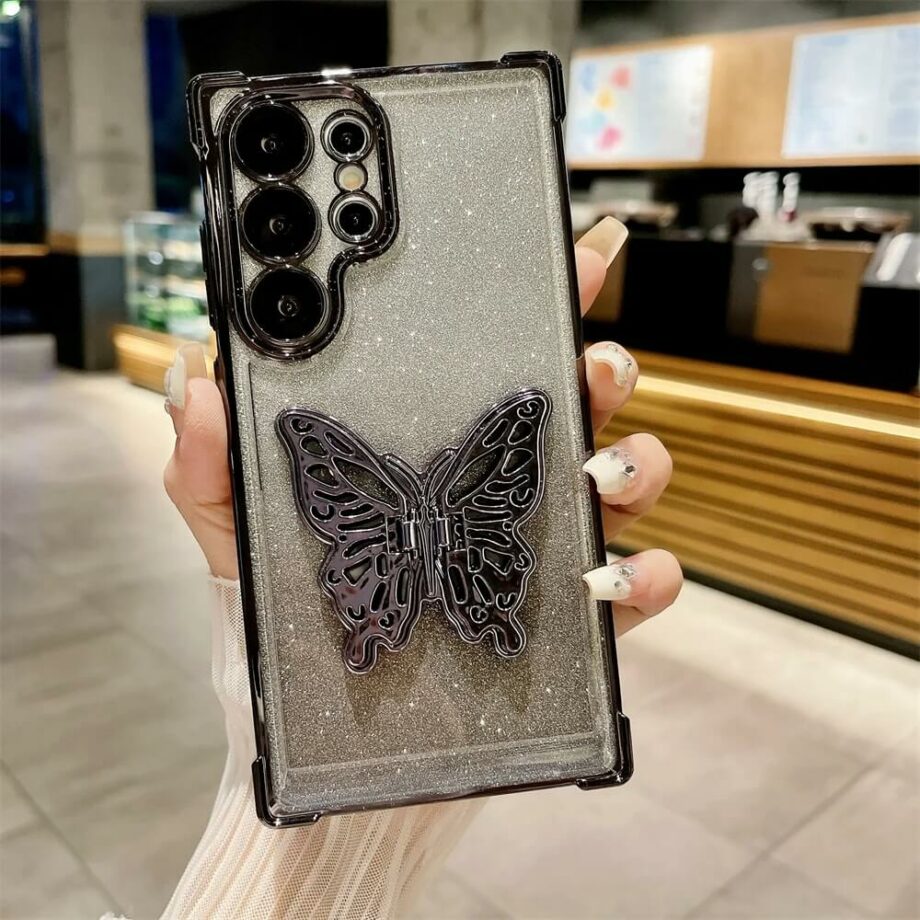 Gradient Glitter Plating Galaxy Phone Case with Butterfly Stand