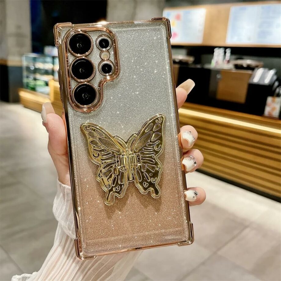Gradient Glitter Plating Phone Case With Adjustable Butterfly Stand