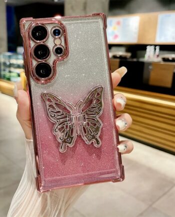 Gradient Glitter Plating Phone Case With Butterfly Stand