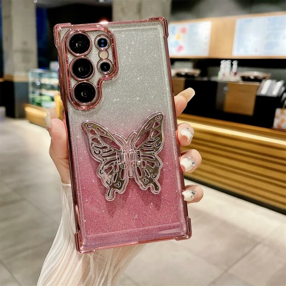 Gradient Glitter Plating Phone Case With Butterfly Stand