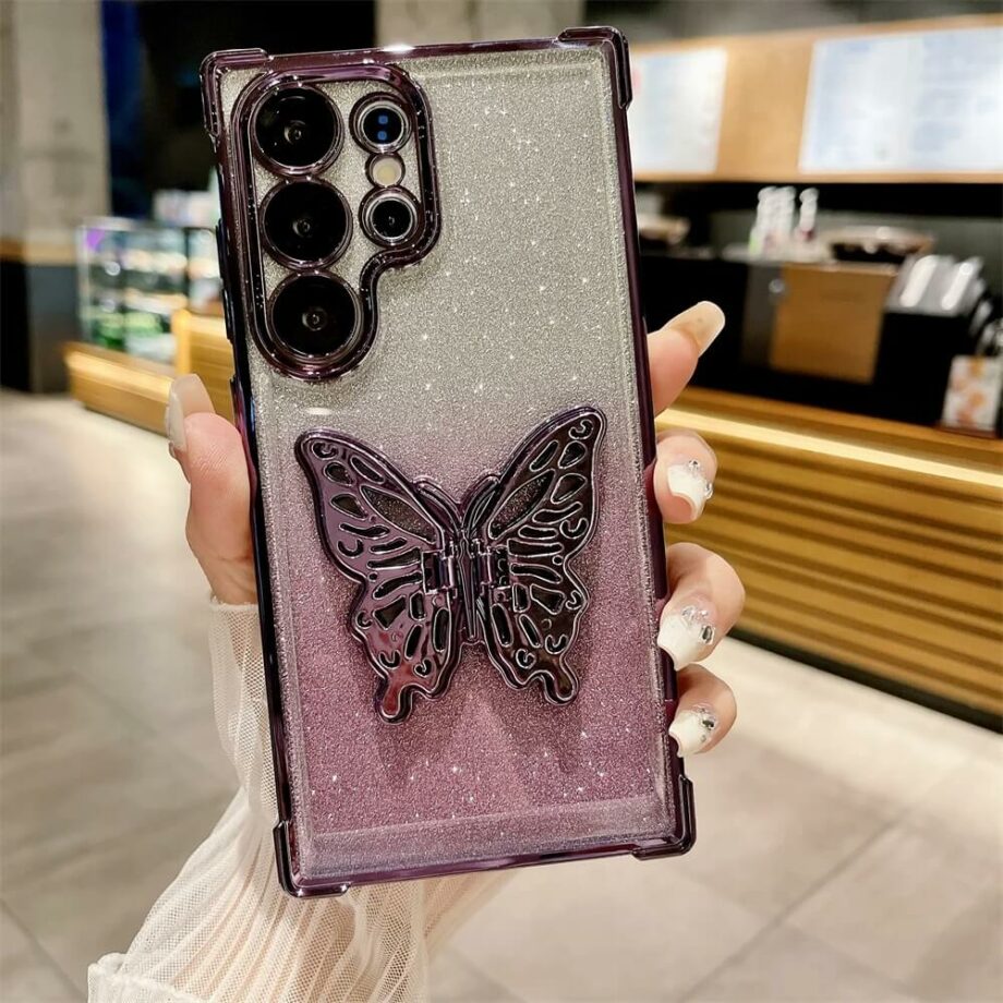 Gradient Glitter Plating Samsung Case With Adjustable Butterfly Stand