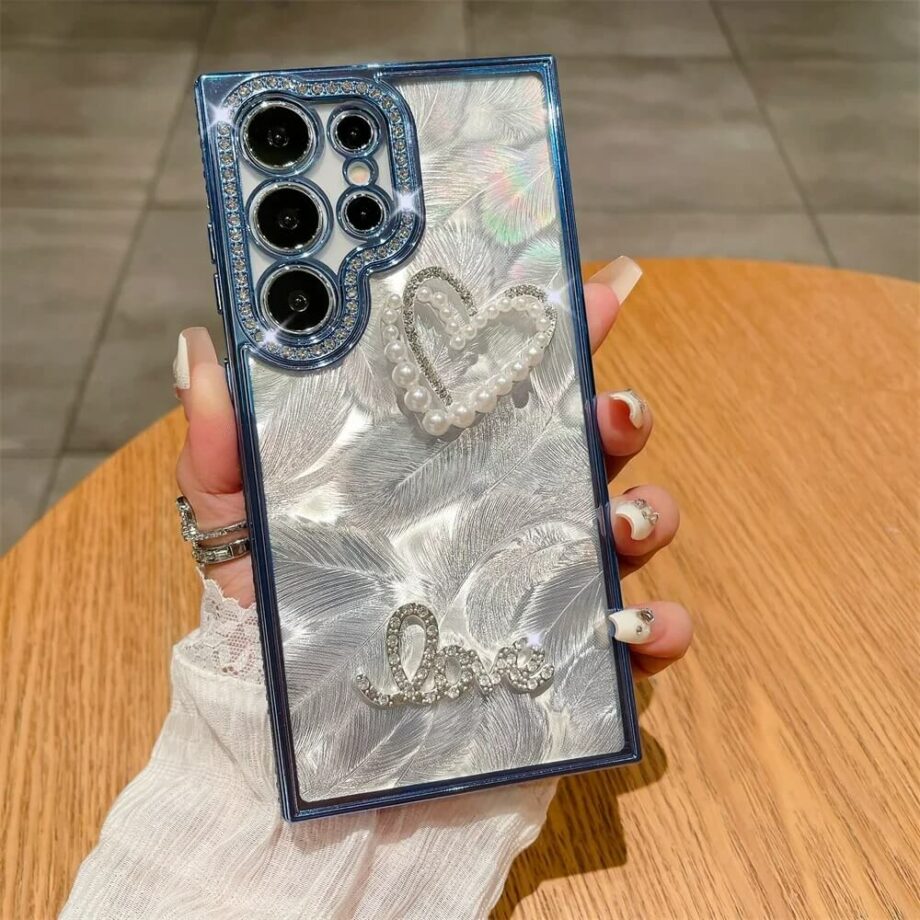 Laser Feather Rhinstone Samsung Phone Case with Pearl Love Heart