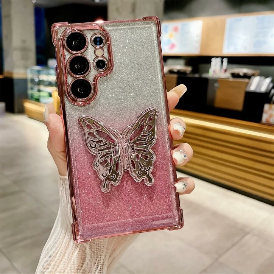 Butterfly Gradient Glitter Plating Samsung Case with Bracket Stand Holder