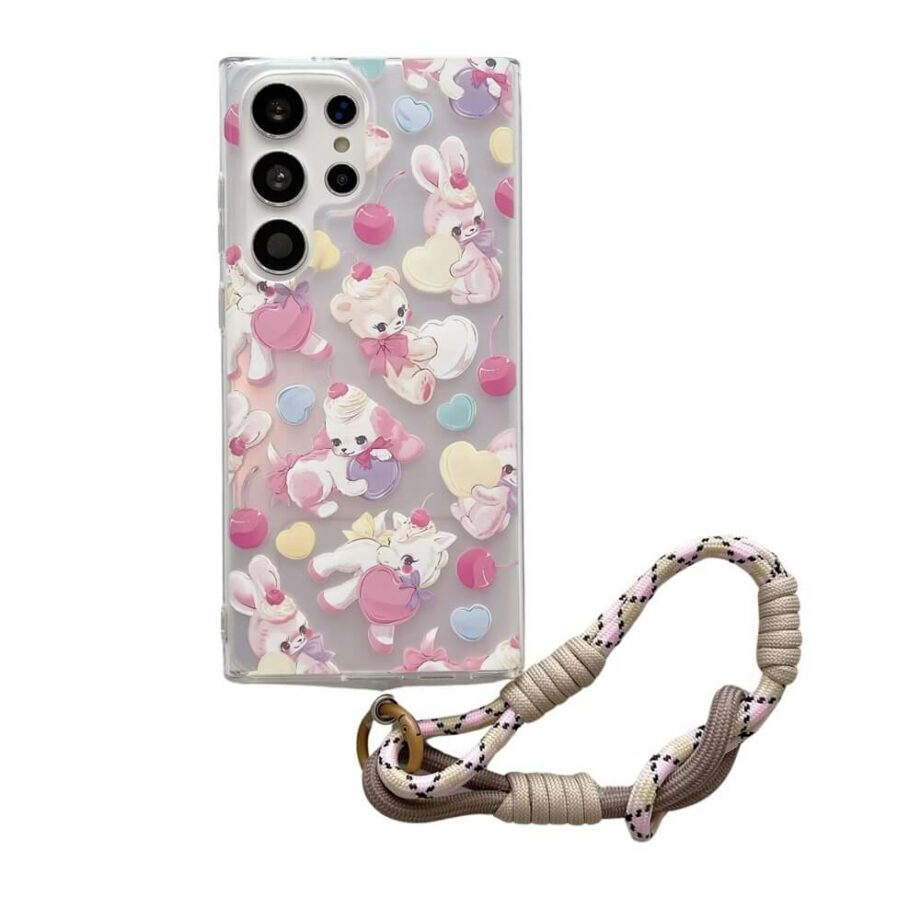 Cute Kawaii Pink Bear Samsung Galaxy Case with Rope Strap