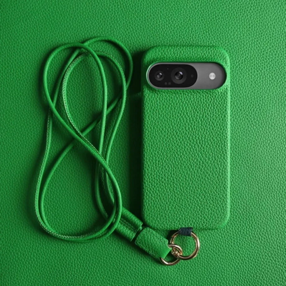 Genuine Leather Pixel Phone Case with Crossbody Strap - Green