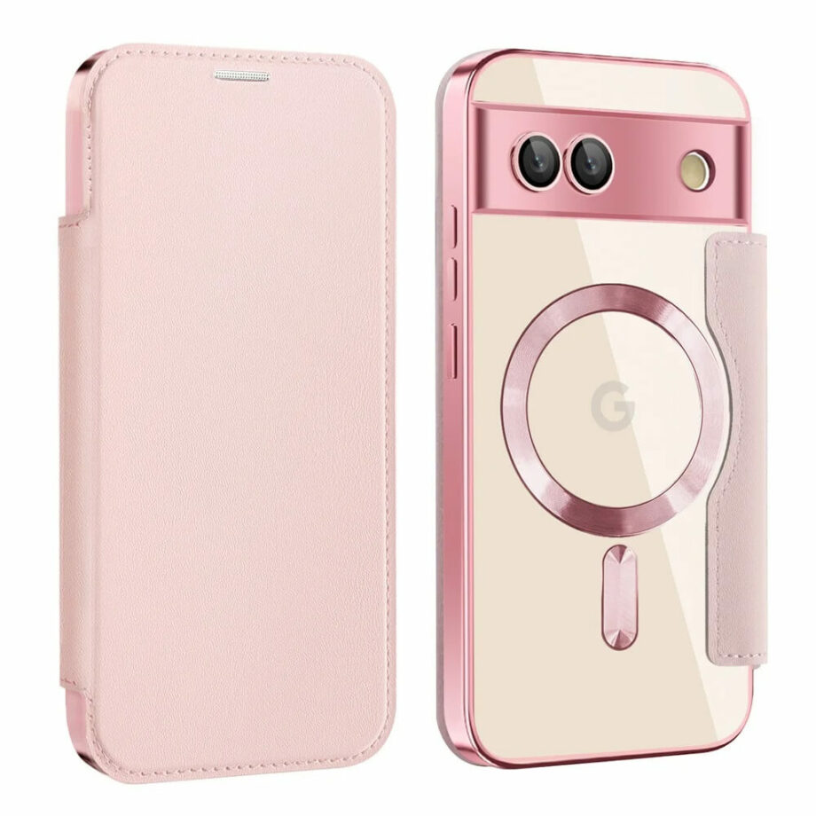 Magnetic Clear Plating Leather Wallet Card Holder Pixel Case- pink