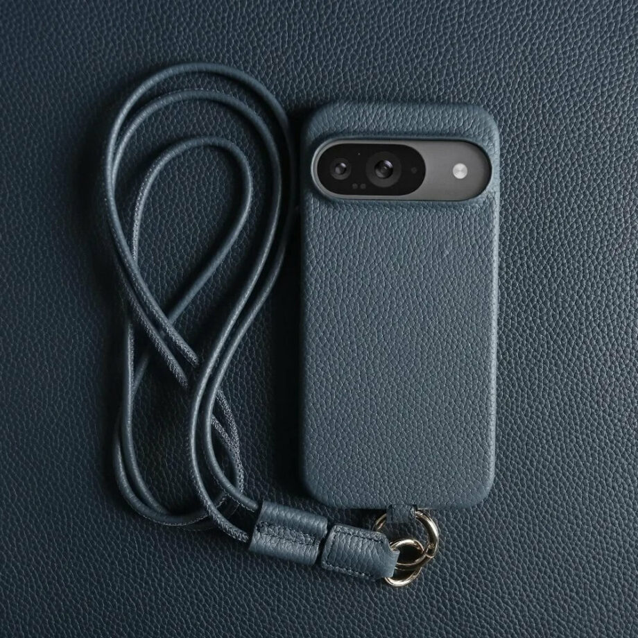 Navy Leather Pixel Phone Case with Crossbody Strap