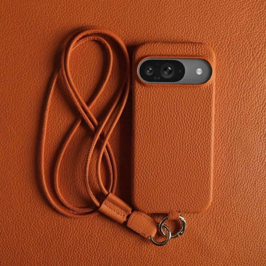 Orange Genuine Leather Pixel Case with Crossbody Strap