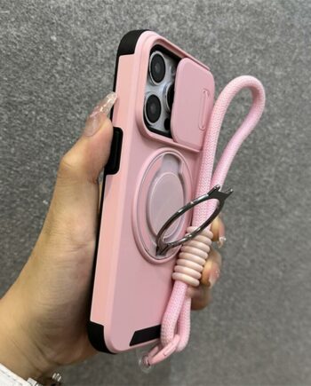 Slide Window Magnetic Phone Case with Wrist Strap & Ring Stand