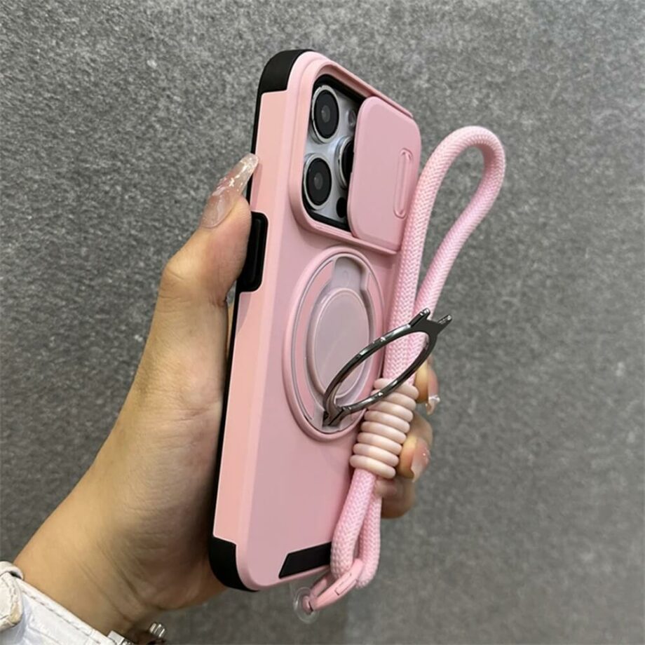 Slide Window Magnetic Phone Case with Wrist Strap & Ring Stand