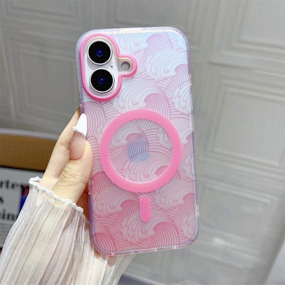 Pink Wave Pattern iPhone 16 Case with MagSafe