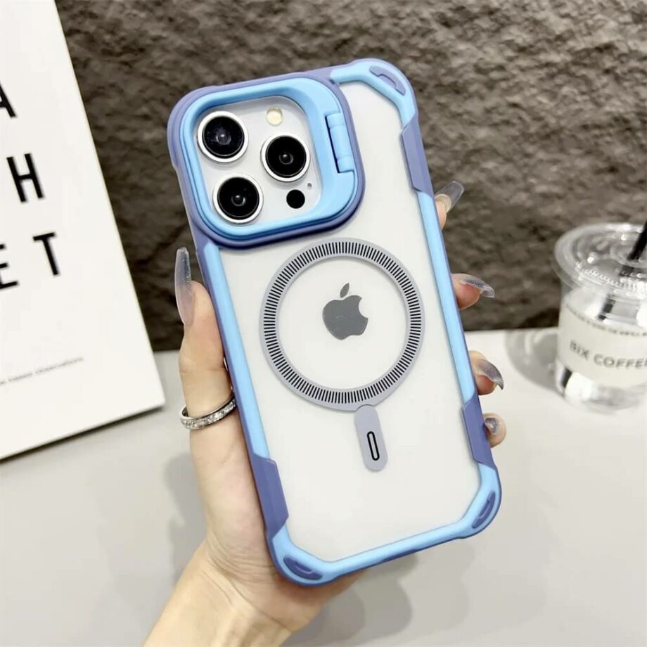 Transparent Magnetic MagSafe Case with Stand for iPhone - Blue