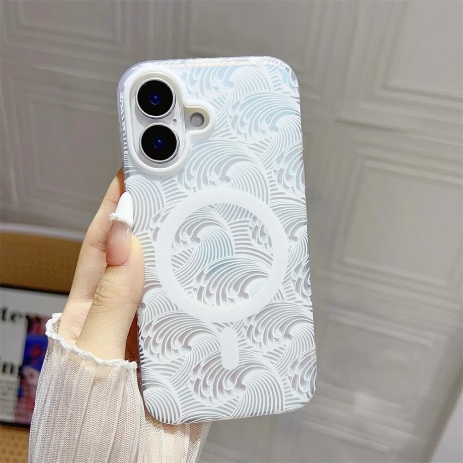 White Wave Pattern iPhone 16 Case with MagSafe