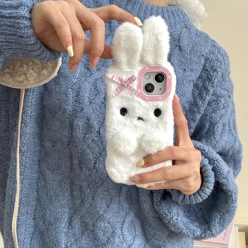 3D Fluffy Bow Bunny Furry Plush Phone Case