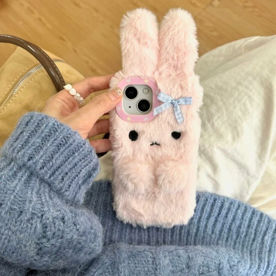 3D Fluffy Bow Bunny Furry Plush iPhone Case