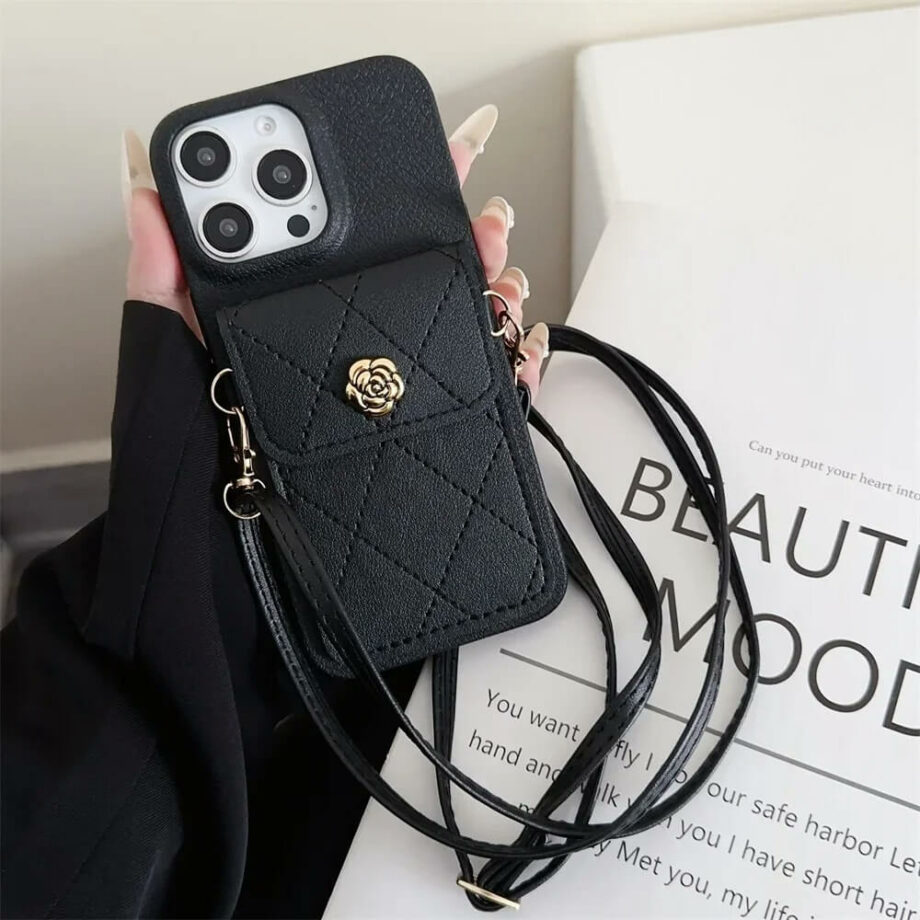 Black Card Holder Wallet iPhone Case with Lanyard