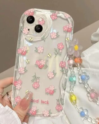 Floral Clear iPhone Case with Beaded Charm Strap