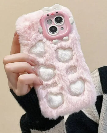 Fluffy Fur Soft Plush Heart iPhone Case with Bunny Camera Frame