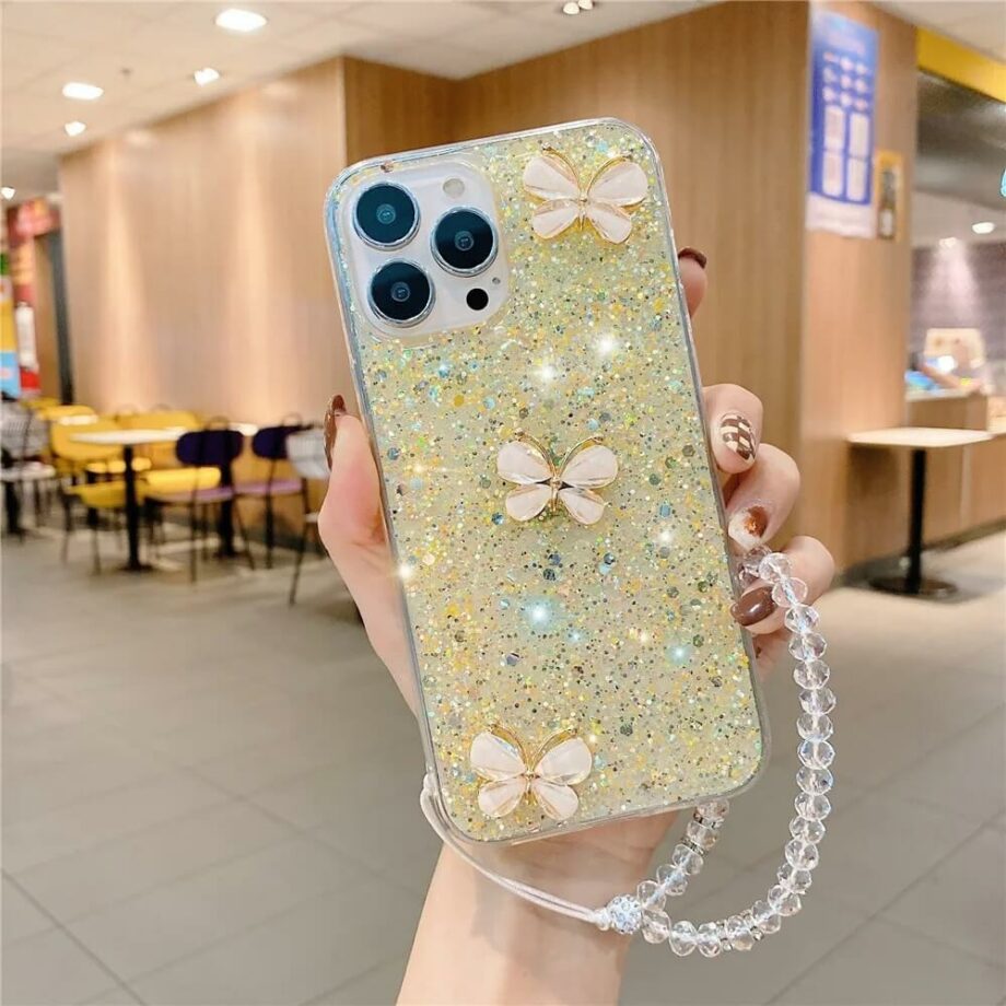 Gold Sparkling Glitter Butterfly Case with Phone Charm